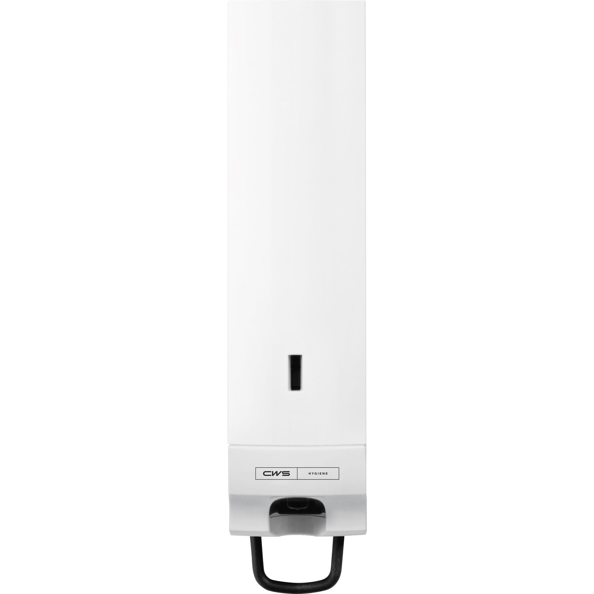 Der CWS Paradise Cream Slim Seifencremespender - Mit Panel, Weiß ist ein weißer Wandspender mit schwarzem Bodengriff, transparentem Füllfenster, "CWS HYGIENE"-Etikett und Click-in-Bottle-System zum einfachen Nachfüllen. Marke: CWS.