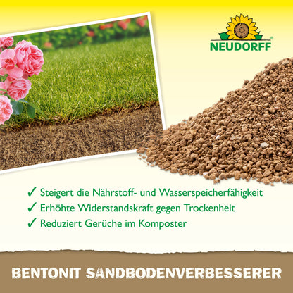 Ein Neudorff Shop Bentonit SandbodenVerbesserer Werbebild zeigt gesundes Gras, Erde, granulierte Tonmineralien, rosa Blüten und einen deutschen Text, der die Vorteile der Nährstoffspeicherung hervorhebt.