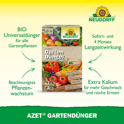 Illustrée est une boîte d'engrais de jardin Azet du Neudorff Shop avec des légumes, le logo Neudorff et un texte qui met en avant l'utilisation universelle, le potassium supplémentaire et l'engrais équilibré pour une croissance plus rapide et un jardinage durable.