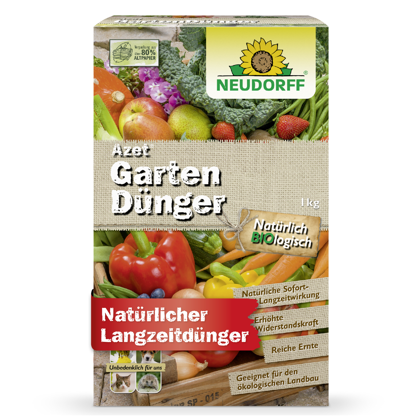 L'engrais de jardin Azet du Neudorff Shop, un engrais organique complet avec des motifs de légumes, est une boîte rectangulaire de 1 kg qui met en avant des ingrédients naturels, organiques et un effet durable - idéal pour fertiliser les plantes.