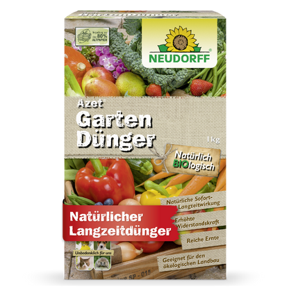 L'engrais de jardin Azet du Neudorff Shop, un engrais organique complet avec des motifs de légumes, est une boîte rectangulaire de 1 kg qui met en avant des ingrédients naturels, organiques et un effet durable - idéal pour fertiliser les plantes.