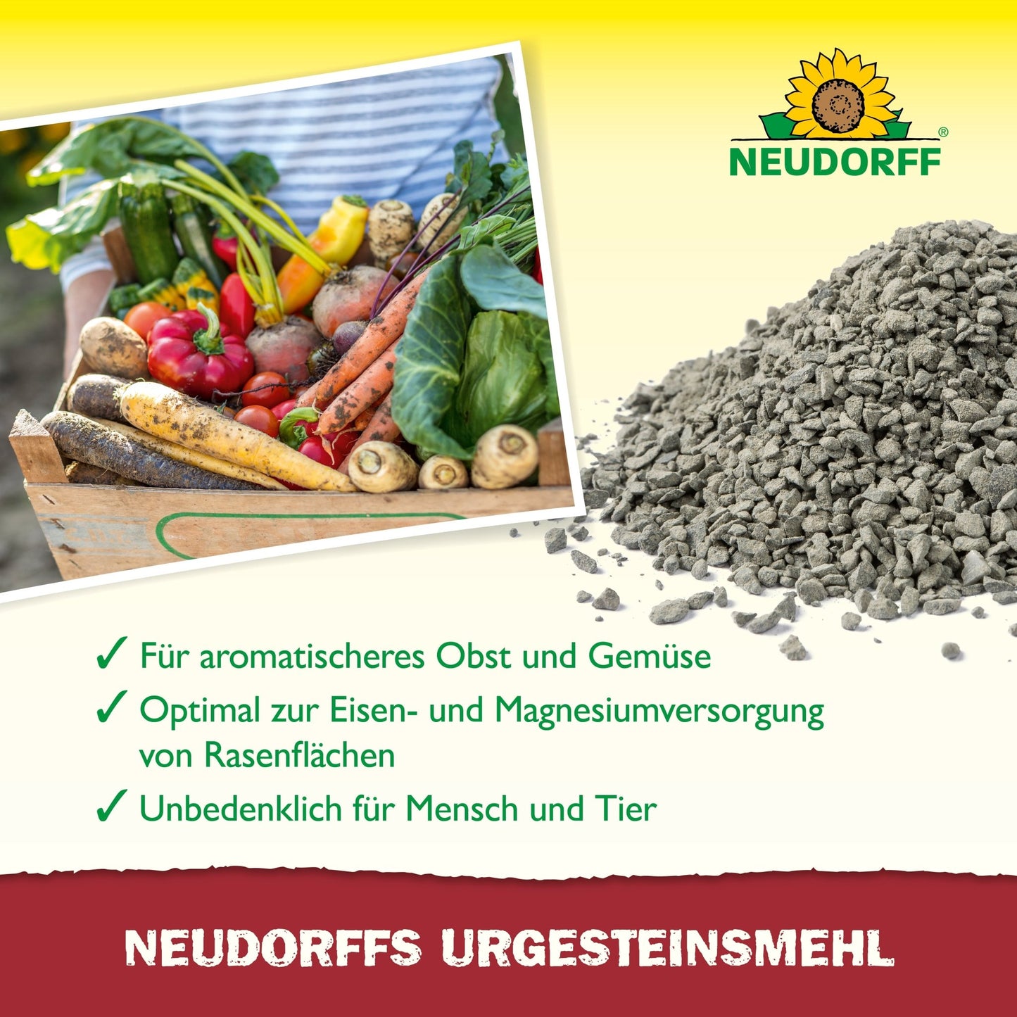 Un tas de farine de roche grise de Neudorff est à côté d'une caisse en bois avec des légumes mélangés. Un texte allemand met en avant ses avantages pour la fertilité du sol, et le logo du magasin Neudorff apparaît dans le coin supérieur droit.