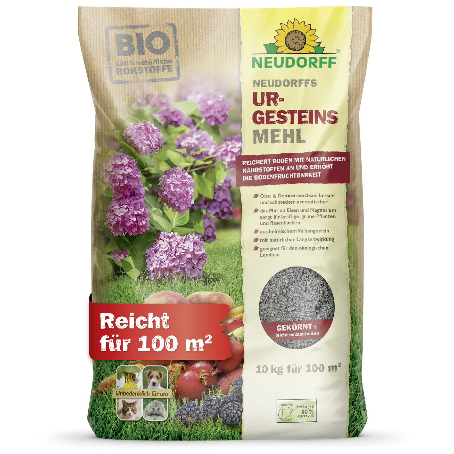 Un sac de 10 kg de farine de roche de Neudorff du magasin Neudorff, étiqueté pour 100 m², avec des motifs d'hortensias et de baies, fournit des nutriments naturels pour augmenter la fertilité du sol et améliorer la qualité du sol.