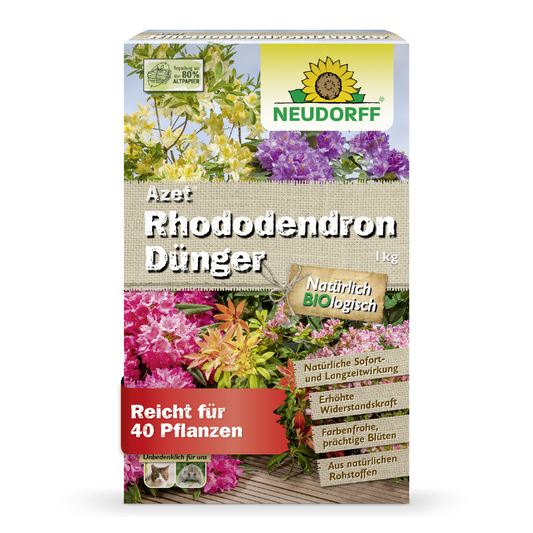 Eine 1 kg schwere, rechteckige Schachtel Azet RhododendronDünger von Neudorff Shop ist mit blühenden Blumen, deutschen Produktinformationen und einem grün-gelben Neudorff-Logo versehen und damit ideal für Rhododendron und Azaleen.
