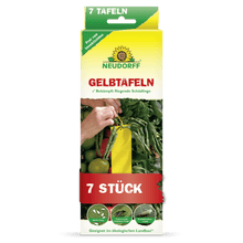 Une boîte rectangulaire jaune-verte avec l'inscription "Neudorff Shop Plaques Jaunes (format réduit)" et une image de pièges collants jaunes entre des plants de tomates. Combat les nuisibles volants comme les moucherons et les mouches blanches. Contient 7 pièces.