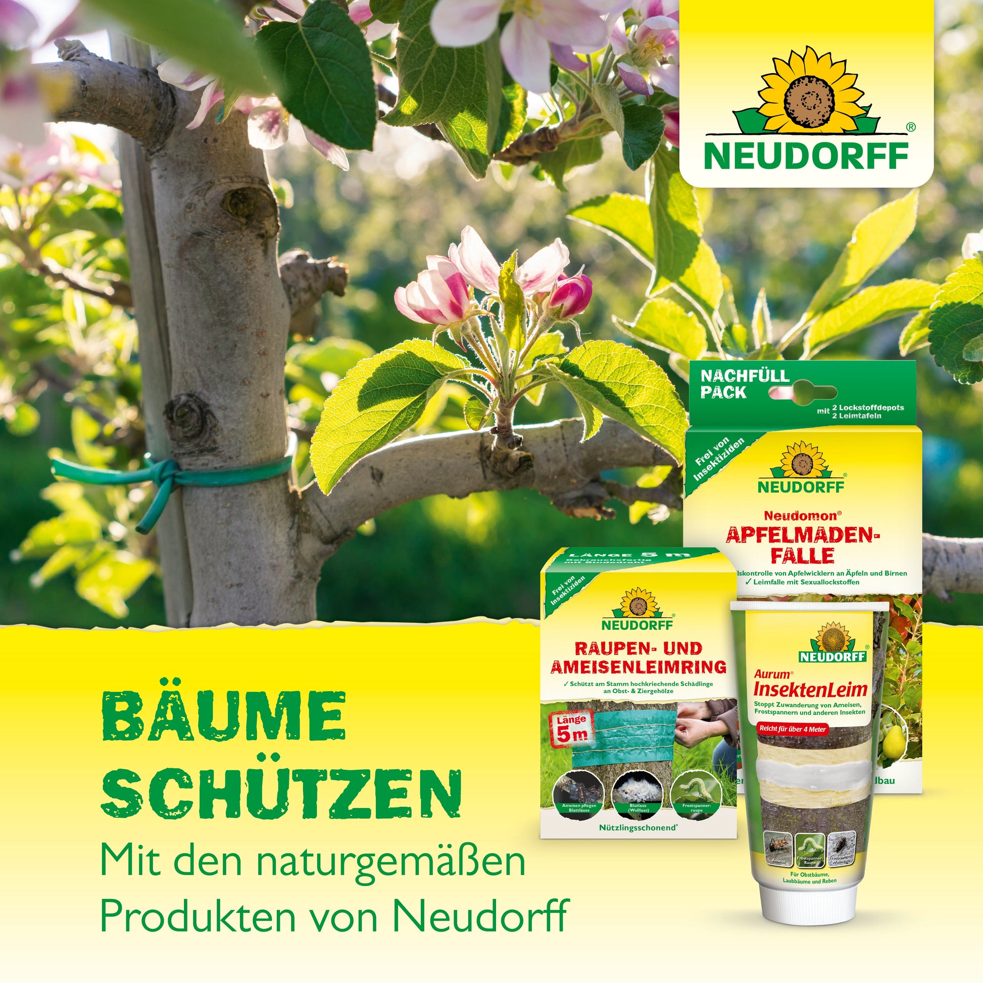 Abgebildet ist ein Baum mit rosafarbenen und weißen Blüten, im Vordergrund Pflanzenschutzmittel aus dem Neudorff Shop, darunter Lauril Baumwachs. Der Text lautet: "Bäume schützen. Mit den naturgemäßen Produkten von Neudorff Shop.