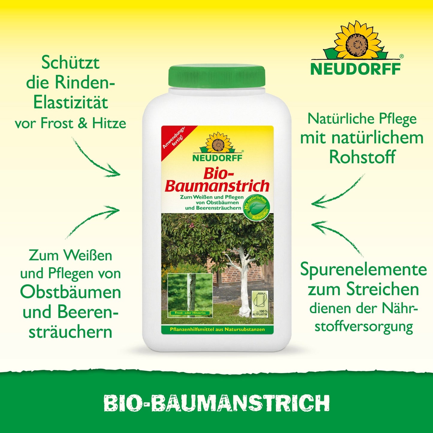 Un récipient avec Bio-Baumanstrich de Neudorff Shop se tient au centre sur un fond jaune avec du texte vert sur l'entretien et la protection de l'écorce des arbres. L'étiquette illustre des arbres et des exemples d'application pour le soin naturel des arbres.