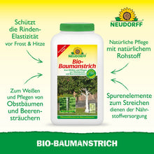 Un récipient avec Bio-Baumanstrich de Neudorff Shop se tient au centre sur un fond jaune avec du texte vert sur l'entretien et la protection de l'écorce des arbres. L'étiquette illustre des arbres et des exemples d'application pour le soin naturel des arbres.