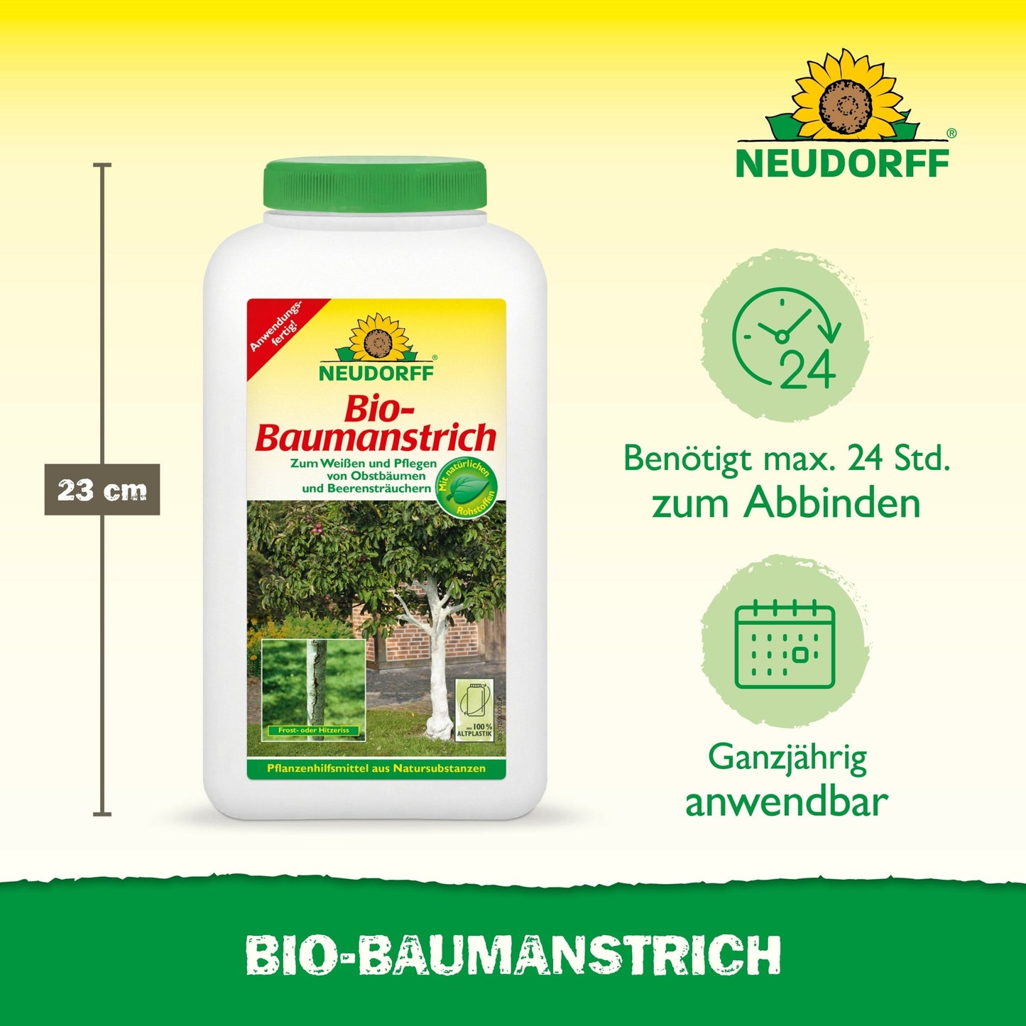 Exposé est un récipient de 23 cm de haut avec Neudorff Shop Bio-Baumanstrich. L'étiquette avec une image d'arbre indique l'utilisation pour l'entretien des arbustes, 24 heures de temps de liaison et une application toute l'année pour protéger l'écorce des arbres.