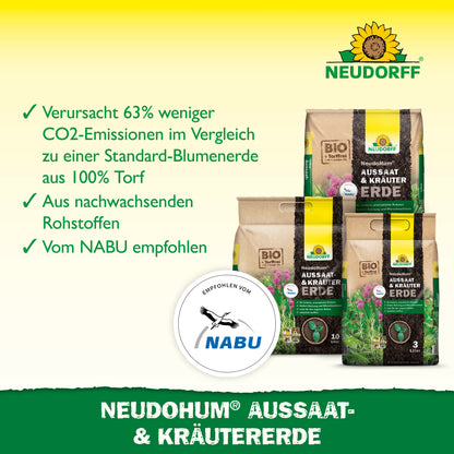 Drei Tüten NeudoHum Aussaat- & KräuterErde aus dem Neudorff Shop liegen auf grünem Gras. Der Text weist auf reduzierte CO₂-Emissionen, nachwachsende Rohstoffe und eine NABU-Empfehlung zur Vermehrung von Blumen und Gemüse hin. Links ist das NABU-Logo zu sehen.