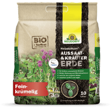 Un sac de 10 litres de NeudoHum Aussaat- & KräuterErde de Neudorff Shop est décoré de motifs d'herbes méditerranéennes, d'étiquettes écologiques et d'un texte mettant en avant la formule biologique sans tourbe - idéal pour le semis, les herbes et la multiplication des fleurs ou des légumes.