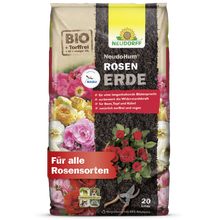 Un sac de 20 litres de Neudorff Shop NeudoHum RosenErde, un substrat de culture biologique, sans tourbe et végétalien avec des textes et pictogrammes allemands, offre des conditions de croissance optimales pour toutes les variétés de roses.