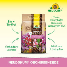 Illustré est un sac de 3 litres de terreau pour orchidées NeudoHum du magasin Neudorff. Ce terreau sans tourbe est idéal pour rempoter les orchidées, favorise la floraison, empêche la stagnation de l'eau et assure un entretien facile des orchidées, comme souligné sur l'emballage.
