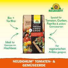 Un sac de NeudoHum Terreau pour tomates et légumes du Neudorff Shop est présenté avec des tomates fraîches et des légumes d'été. Le terreau sans tourbe convient aux plates-bandes surélevées et fournit des nutriments pour la culture végétarienne.