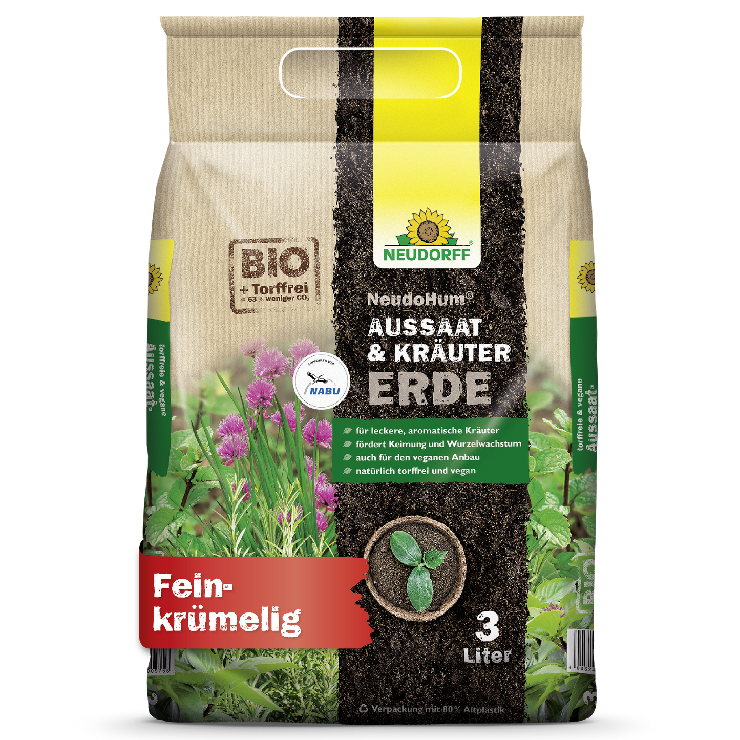 Ein 3-Liter-Beutel Neudorff Shop NeudoHum Aussaat- & KräuterErde für Aussaat und Kräuter, in grüner, erdiger Verpackung mit Abbildungen von mediterranen Kräutern, mit deutschem Text, der darauf hinweist, dass es biologisch, torffrei und vegan ist.