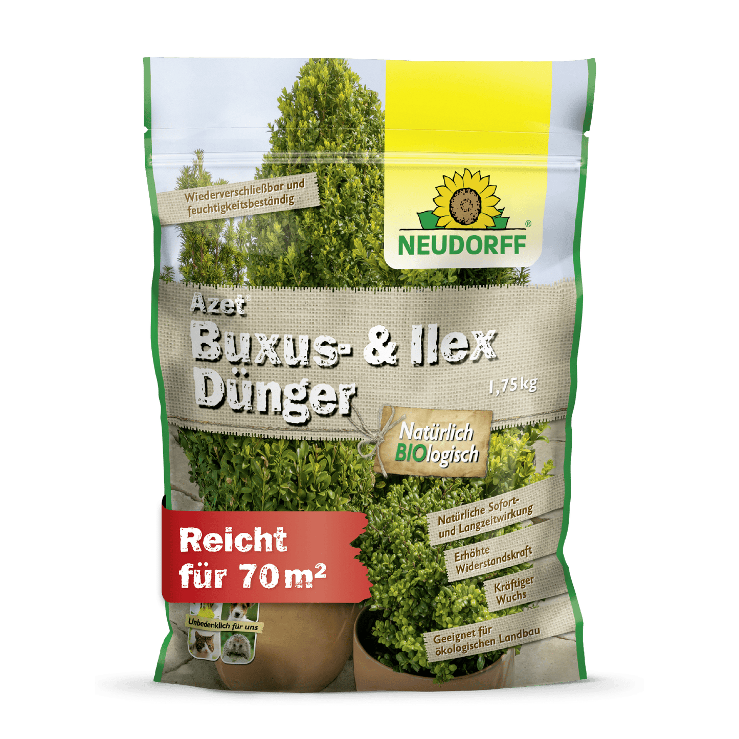 Un sac de 1,75 kg de Neudorff Shop Azet Buxus- & IlexDünger est debout et montre sur l'emballage des buis et des houx verts, avec des informations sur le produit et une portée de 70 m² imprimées sur le devant.