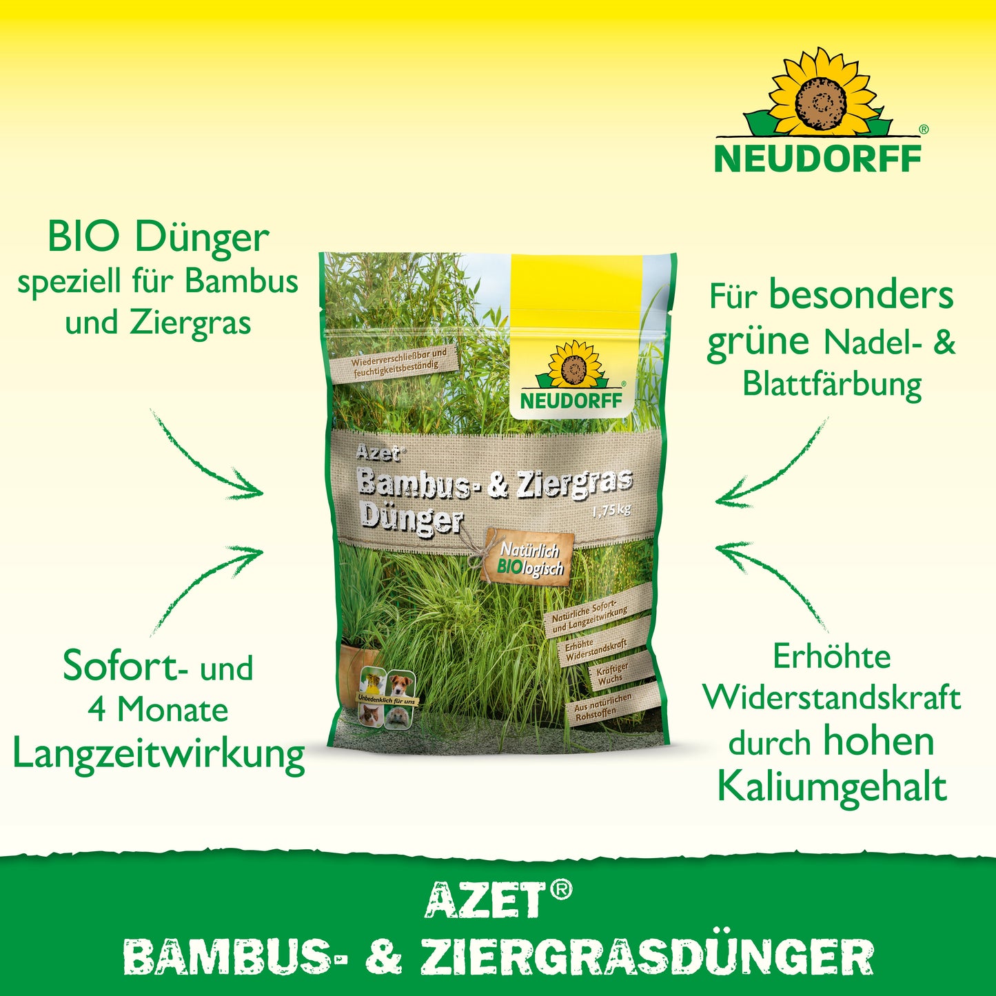In der Mitte ist eine Tüte Neudorff Shop Azet Bambus- & ZiergrasDünger abgebildet, mit deutschem Text über Langzeitwirkung und grünere Blätter für Bambus und Ziergras auf weißem und grünem Hintergrund.