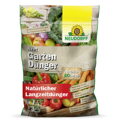 Un sac de 1,75 kg d'engrais de jardin Azet du Neudorff Shop, un engrais organique complet pour une utilisation à long terme dans le jardinage écologique, présente sur l'emballage vert-jaune des légumes éclatants et un logo de tournesol.