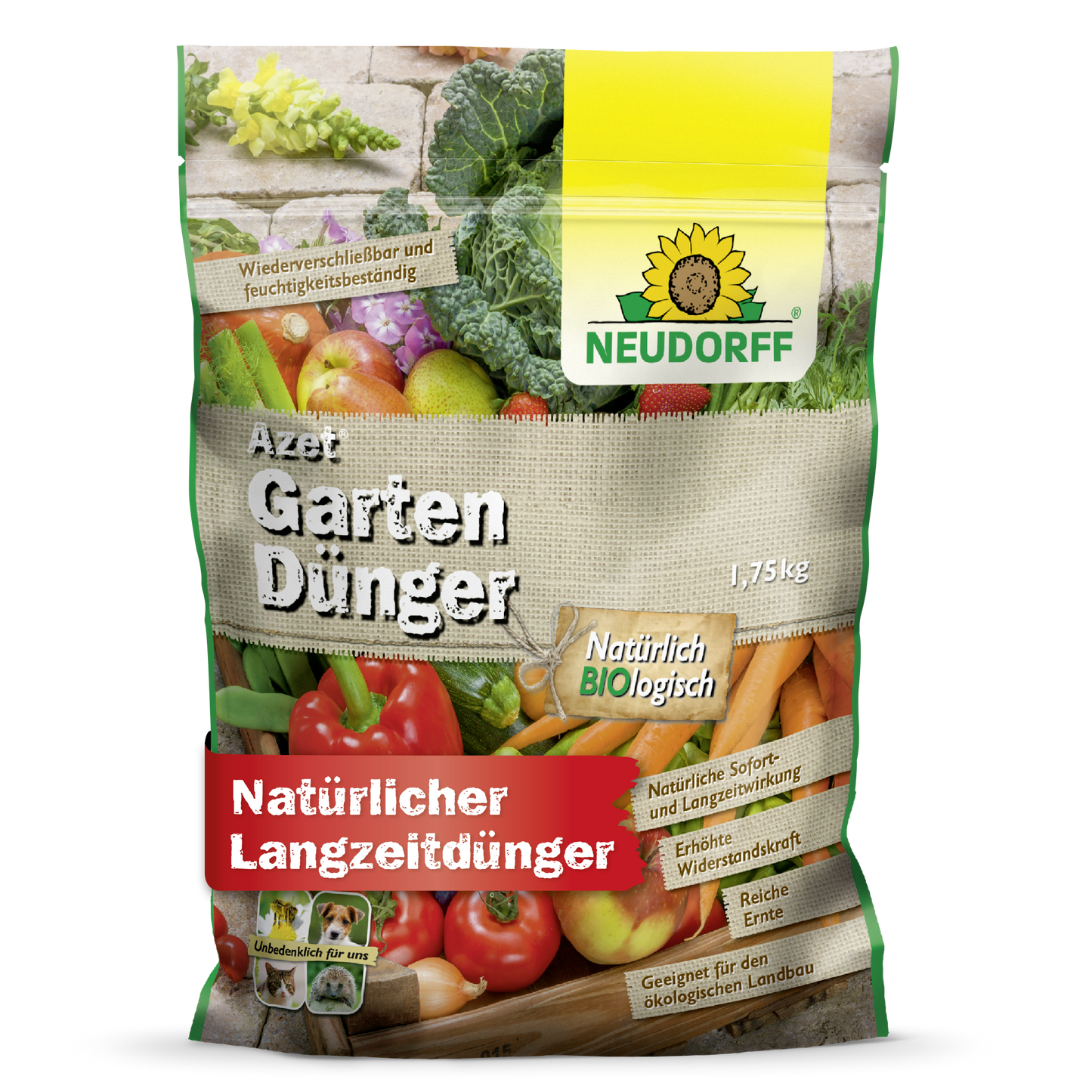 Un sac de 1,75 kg d'engrais de jardin Azet du Neudorff Shop, un engrais organique pour l'entretien à long terme du jardin, avec des illustrations de légumes, le logo Neudorff et un texte allemand sur la fertilisation optimale des plantes.
