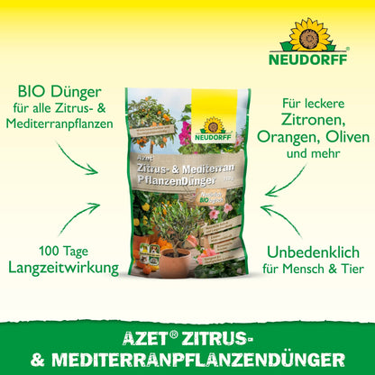 Représenté est l'Azet Engrais pour Plantes Méditerranéennes et Agrumes de Neudorff Shop, un engrais complet organique pour des plantes en pot méditerranéennes comme les citrons, olives, oranges et lauriers-roses avec un effet durable.