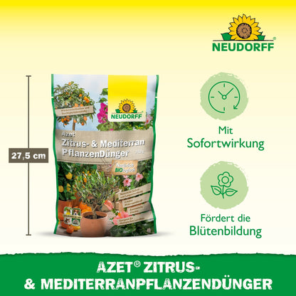 Un sac de 27,5 cm de haut d'Azet Engrais pour Plantes Méditerranéennes et Agrumes de Neudorff Shop est montré avec des icônes pour un effet rapide et une promotion florale. Le marquage vert et jaune met en avant les plantes d'agrumes et les plantes en pot méditerranéennes.