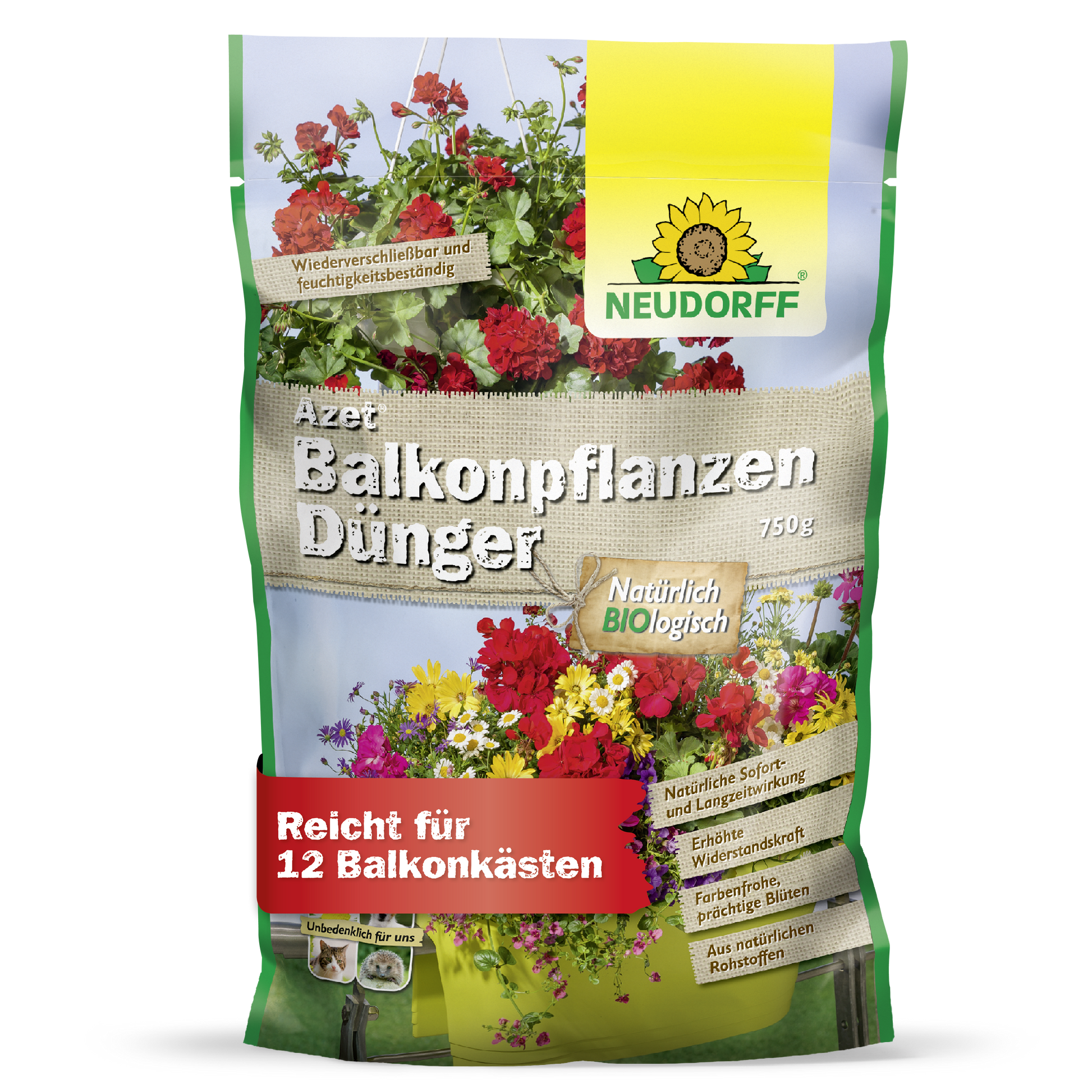 Azet BalkonpflanzenDünger von Neudorff Shop kommt im 750g Beutel mit Bildern von Sommerblumen, ist biologisch und für bis zu 12 Balkonkästen geeignet.