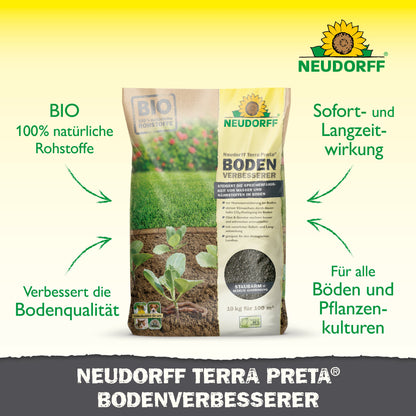 Eine Packung Neudorff Terra Preta BodenVerbesserer aus dem Neudorff Shop steht auf dem Boden mit Jungpflanzen. Die Verpackung hebt die organischen Inhaltsstoffe zur Bodenverbesserung, die Vorteile für Rasen, Obst und Gemüse sowie die dauerhafte Wirksamkeit auf allen Böden hervor.