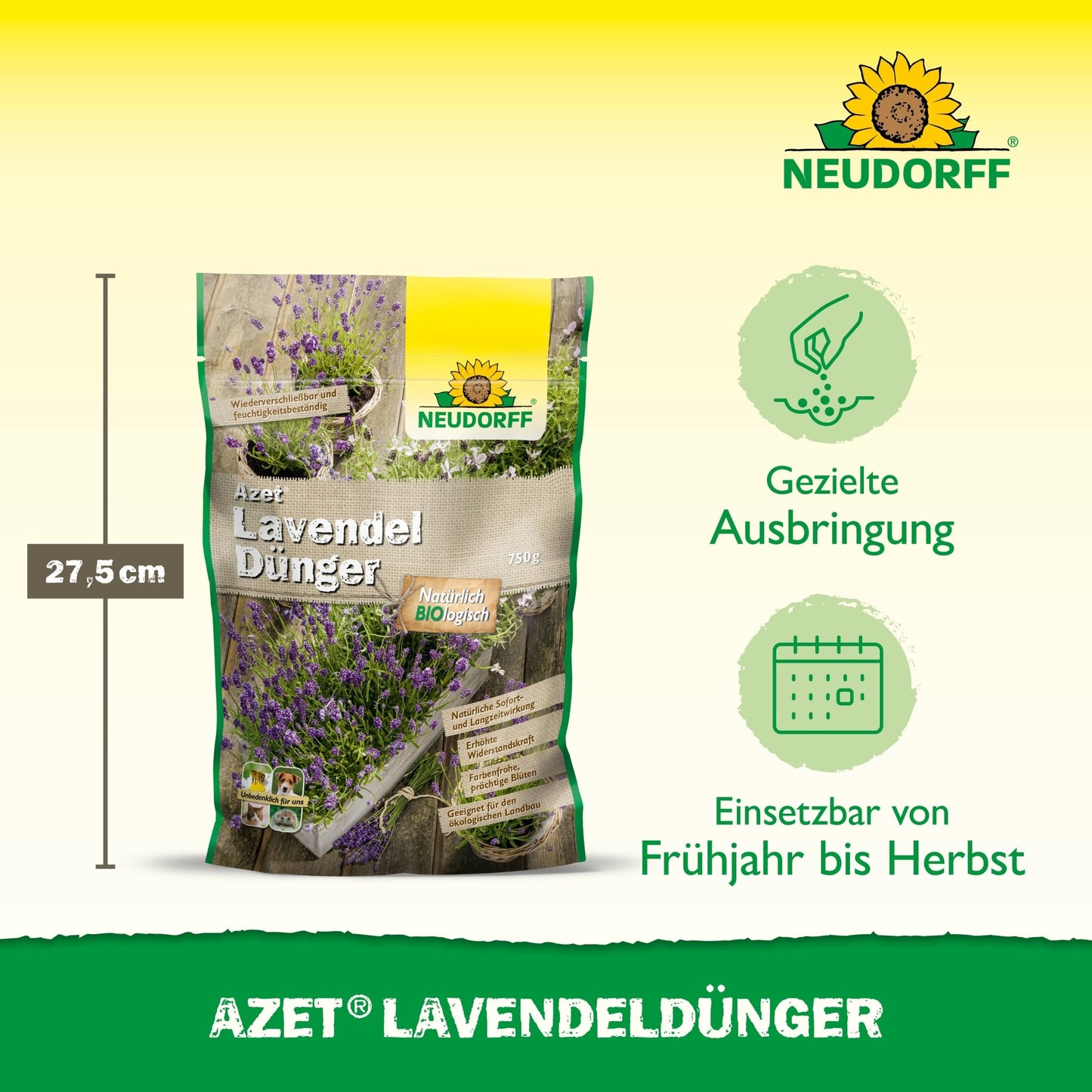 Azet LavendelDünger de Neudorff Shop est livré dans un sac de 27,5 cm de hauteur, debout, avec des images de lavande aux fleurs bleu-violet et des informations sur le produit. Les pictogrammes montrent qu'il s'agit de lavande tolérante à la sécheresse du printemps à l'automne.