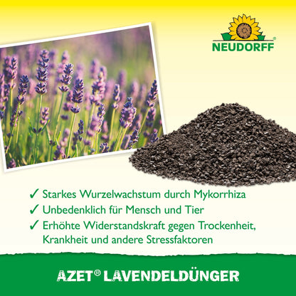 Azet LavendelDünger de Neudorff Shop se présente sous forme de granulés à côté de la lavande avec des fleurs bleu-violet. Le texte allemand met en avant les avantages, en haut à droite se trouve le logo tournesol de Neudorff.