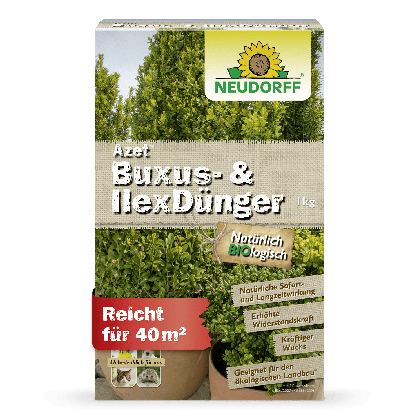 Une boîte de 1 kg de Neudorff Shop Azet Buxus- & IlexDünger avec des ingrédients naturels couvre 40 m², idéale pour les buis et les houx et parfaite pour le jardinage écologique.