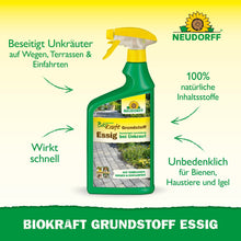 Une bouteille vaporisateur verte avec l'inscription "Neudorff BioKraft Grundstoff Essig" du Neudorff Shop est debout. Le texte allemand met en avant les ingrédients naturels, l'action rapide et l'élimination sûre et efficace des mauvaises herbes pour des terrasses et chemins respectueux des animaux et des abeilles.