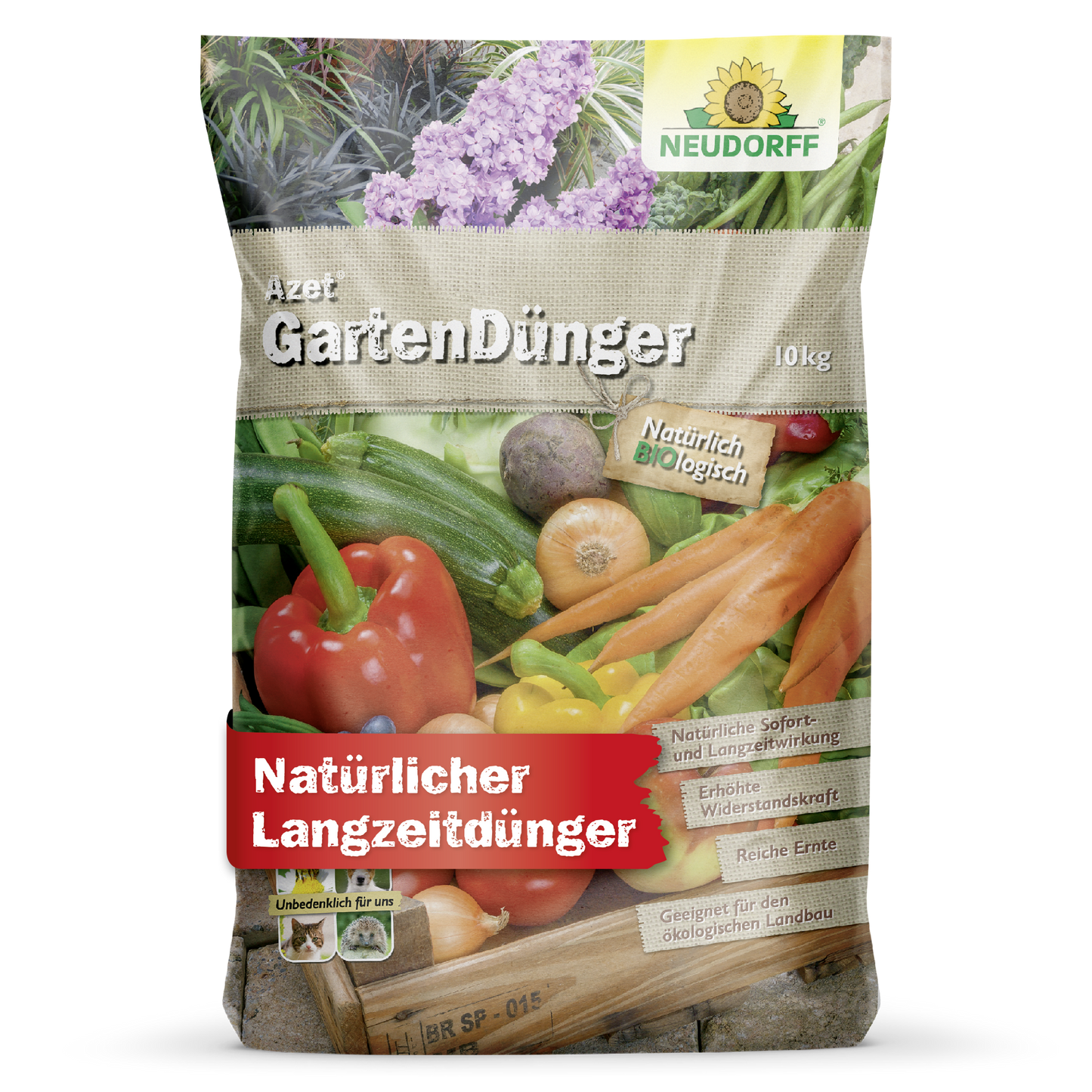 Un sac de 10 kg d'engrais de jardin Azet du Neudorff Shop avec des images de légumes et d'herbes et un texte qui met en avant la formule organique et durable - parfait pour fertiliser vos plantes.
