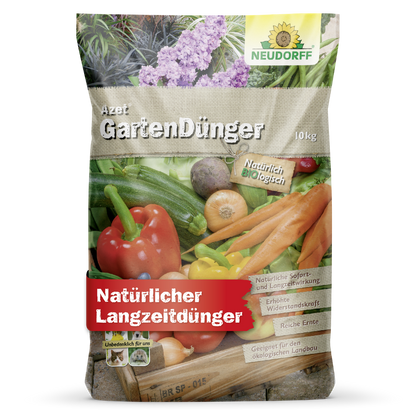 Un sac de 10 kg d'engrais de jardin Azet du Neudorff Shop avec des images de légumes et d'herbes et un texte qui met en avant la formule organique et durable - parfait pour fertiliser vos plantes.