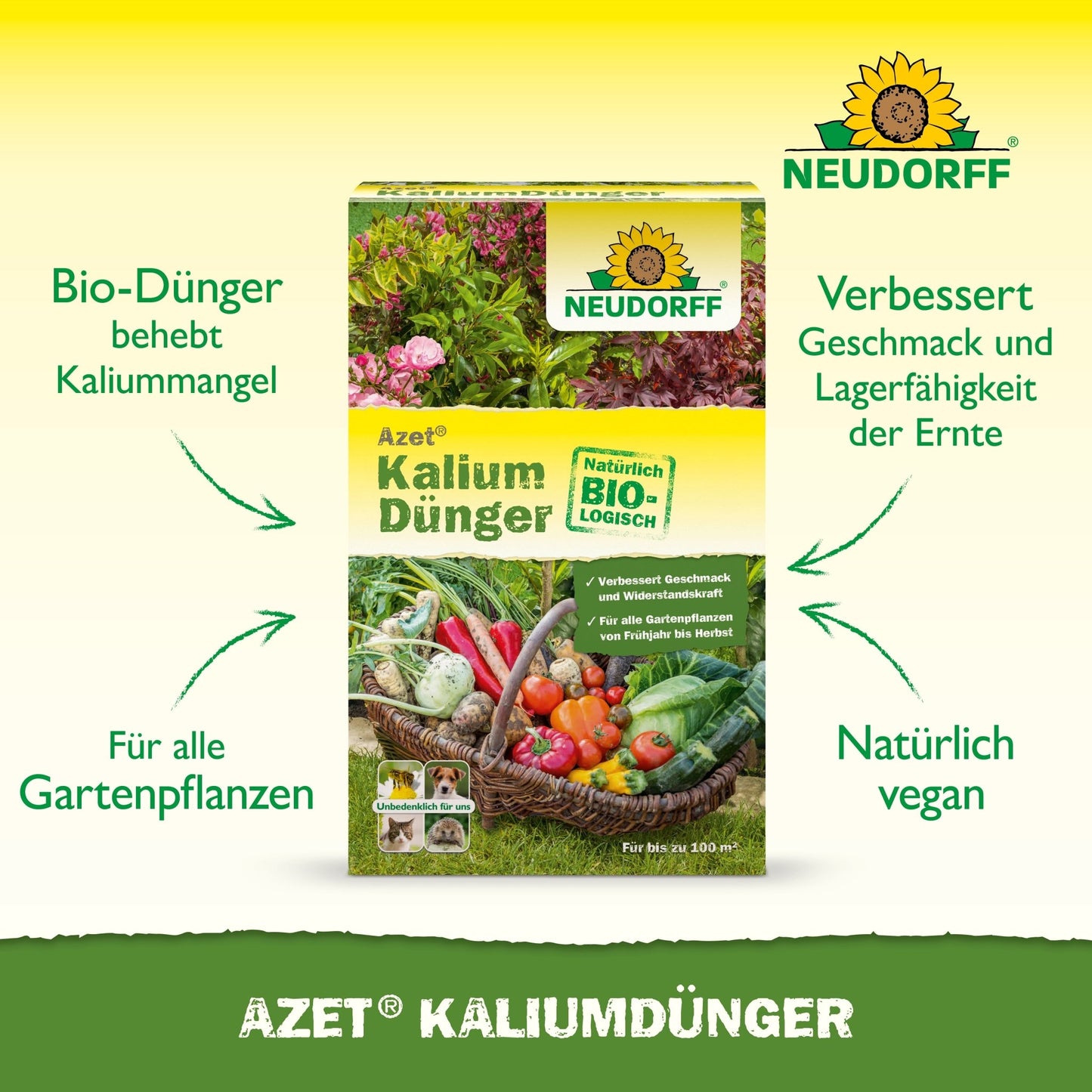 Illustrée est une boîte d'Azet KaliumDünger du magasin Neudorff avec des flèches et du texte, mettant en avant les avantages tels que la correction des carences en potassium, l'adaptabilité à toutes les plantes, l'amélioration des récoltes et une formule végane.
