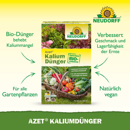Illustrée est une boîte d'Azet KaliumDünger du magasin Neudorff avec des flèches et du texte, mettant en avant les avantages tels que la correction des carences en potassium, l'adaptabilité à toutes les plantes, l'amélioration des récoltes et une formule végane.