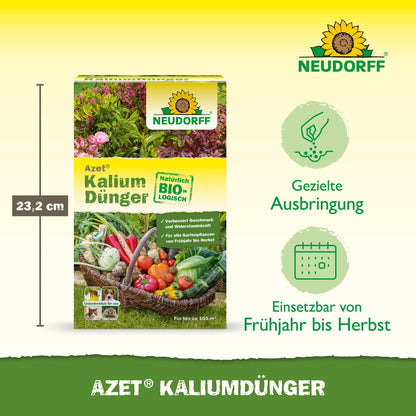 Une boîte d'Azet KaliumDünger du magasin Neudorff est illustrée avec des légumes et des fleurs, montrant comment elle fertilise les plantes et prévient les carences en potassium. Le texte allemand liste les caractéristiques, l'utilisation et la taille de la boîte de 23,2 cm sur fond jaune-vert.