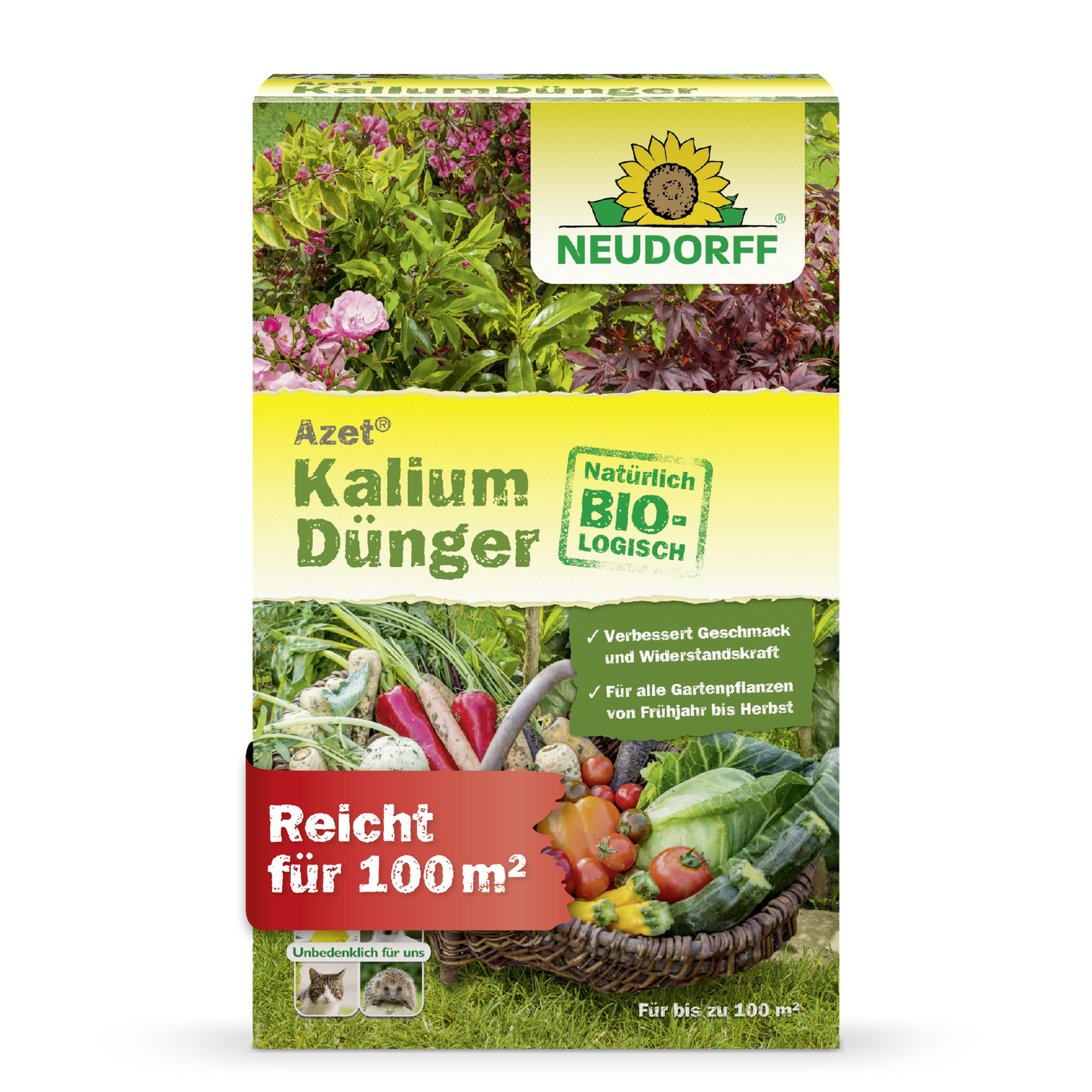 Azet KaliumDünger du magasin Neudorff est un engrais organique pour toutes les plantes de jardin, prévient les carences en potassium, couvre jusqu'à 100 m² et montre des images de légumes et de fleurs - idéal pour fertiliser les plantations.