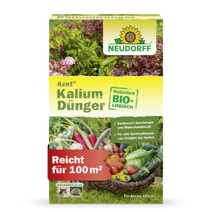 Azet KaliumDünger du magasin Neudorff est un engrais organique pour toutes les plantes de jardin, prévient les carences en potassium, couvre jusqu'à 100 m² et montre des images de légumes et de fleurs - idéal pour fertiliser les plantations.