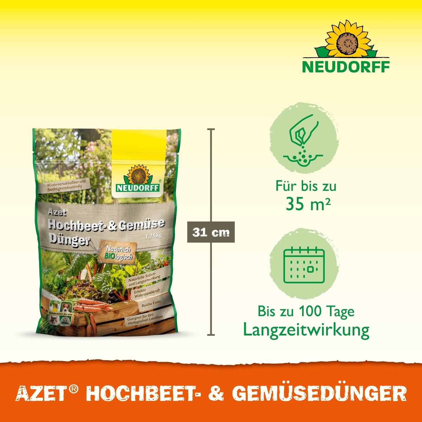 Un sac de Neudorff Shop Azet Engrais pour potager et légumes, idéal pour les légumes et les herbes, est illustré avec des symboles pour 35 m² de surface, 31 cm de hauteur de sac et jusqu'à 100 jours d'efficacité sur un fond jaune et orange.
