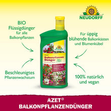 La bouteille vert-jaune de Neudorff Shop Azet Engrais liquide pour plantes de balcon met en avant la croissance rapide, la floraison estivale abondante, l'adaptabilité à toutes les jardinières et la formule 100% naturelle et végane.