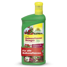 Une bouteille verte de Neudorff Shop Azet Engrais liquide pour plantes de balcon avec un bouchon jaune est étiquetée avec des fleurs et du texte allemand, idéale pour toutes les plantes de balcon comme les fleurs d'été et les jardinières.