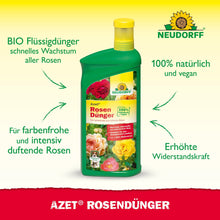 Une bouteille verte de Neudorff Shop Azet RosenDünger liquide avec un bouchon jaune repose sur un fond blanc, où sont illustrés les détails du produit et des roses. Elle met en avant les avantages naturels, véganes et à action rapide - idéal pour nourrir les roses.