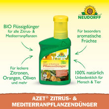 Une bouteille verte et jaune de Neudorff Shop Azet Engrais liquide pour agrumes et plantes méditerranéennes avec du texte en allemand vante sa formule bio, idéale pour les plantes méditerranéennes comme les agrumes et les lauriers-roses.