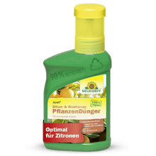 Une bouteille en plastique verte de Neudorff Shop Azet Engrais liquide pour agrumes et plantes méditerranéennes avec un bouchon jaune, 100% végétalienne, fabriquée à partir de 90% de matériaux recyclés, idéale pour les citrons, les lauriers-roses et autres plantes méditerranéennes.