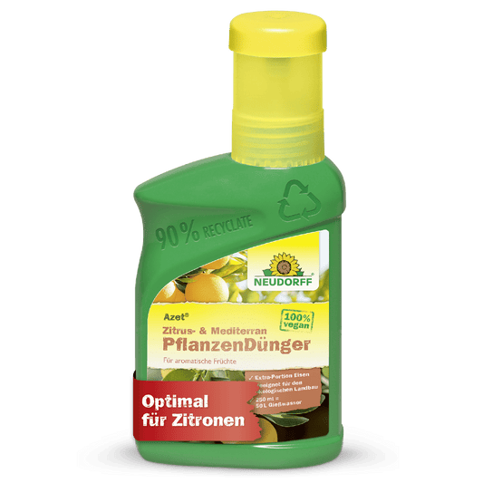 Une bouteille en plastique verte de Neudorff Shop Azet Engrais liquide pour agrumes et plantes méditerranéennes avec un bouchon jaune, 100% végétalienne, fabriquée à partir de 90% de matériaux recyclés, idéale pour les citrons, les lauriers-roses et autres plantes méditerranéennes.