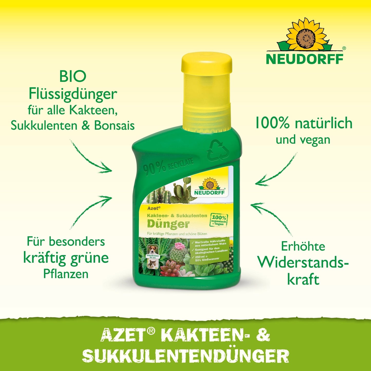 Une bouteille verte de Neudorff Shop Azet Engrais liquide pour cactus et succulentes avec un bouchon jaune, étiquetée comme biologique, naturelle et végétalienne, ainsi qu'un texte vantant les avantages pour la santé des plantes.