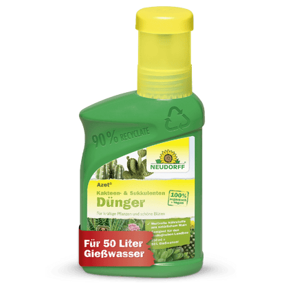 Une bouteille en plastique verte de Neudorff Shop Azet Engrais liquide pour cactus et succulentes montre des images de cactus, des informations sur le produit en allemand et une bannière rouge avec "Pour 50 litres d'eau d'arrosage" sur l'étiquette.