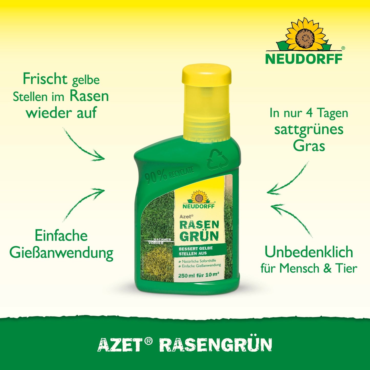 Une bouteille verte de 250 ml de Neudorff Shop Azet RasenGrün promet une pelouse d'un vert intense en seulement 4 jours, une récupération rapide des taches jaunes et une utilisation sûre pour les humains et les animaux de compagnie.