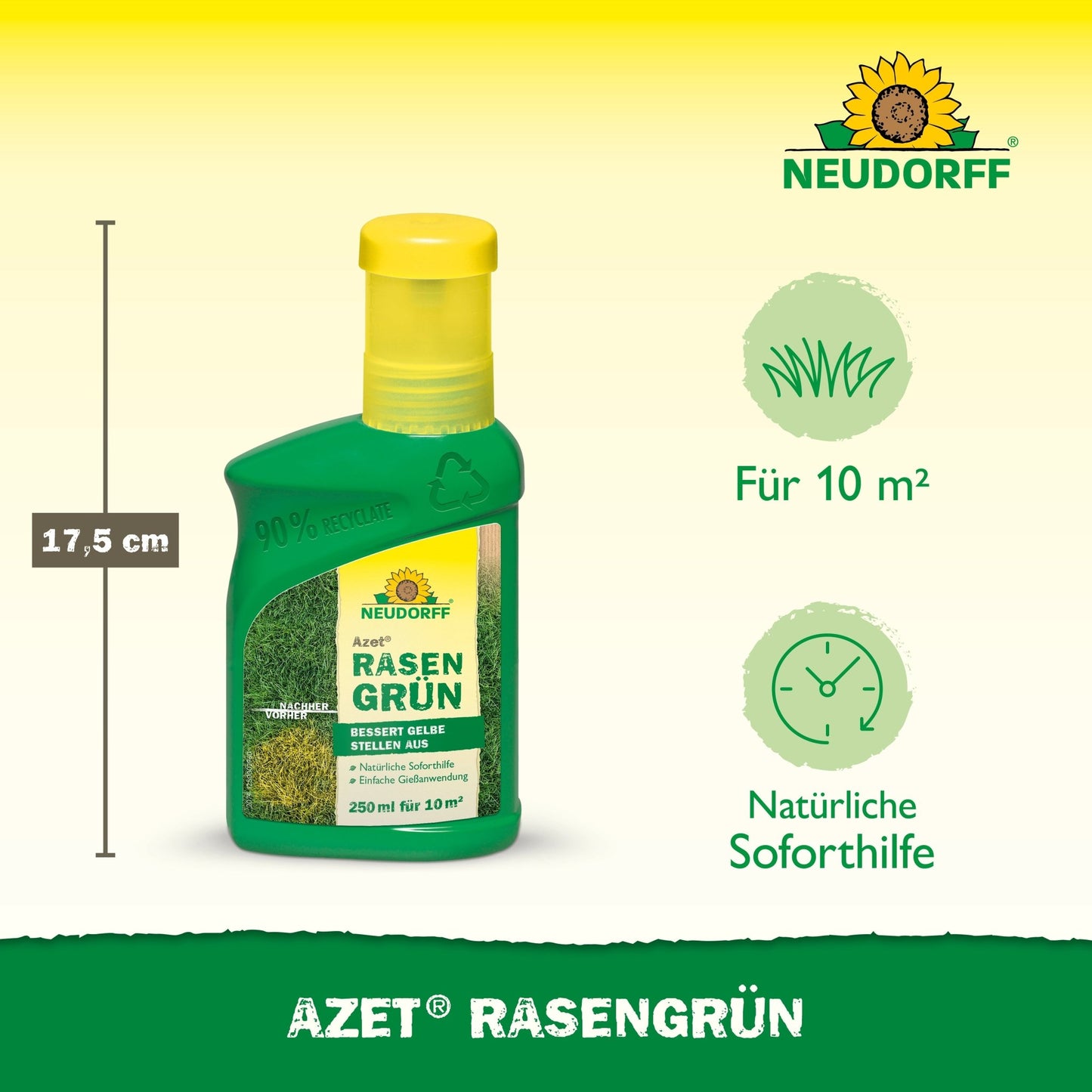 Une bouteille de 250 ml de Neudorff Shop Azet RasenGrün (17,5 cm de haut) apparaît sur un fond jaune-vert et promet une pelouse luxuriante et une aide rapide contre les taches jaunes en seulement 4 jours ; couvre jusqu'à 10 m².