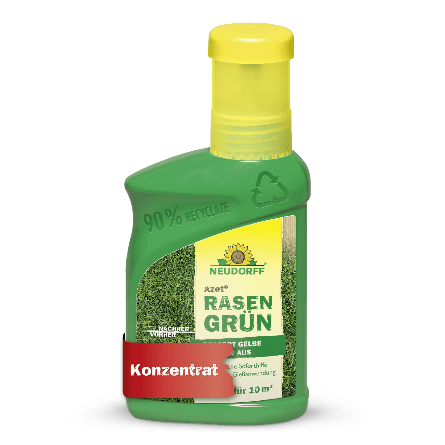 Azet RasenGrün de Neudorff Shop se présente dans une bouteille en plastique verte (90% recyclé), bouchon jaune, image d'herbe, et est un concentré de soins pour pelouse pour 10 m², promettant une pelouse vert vif en seulement 4 jours.